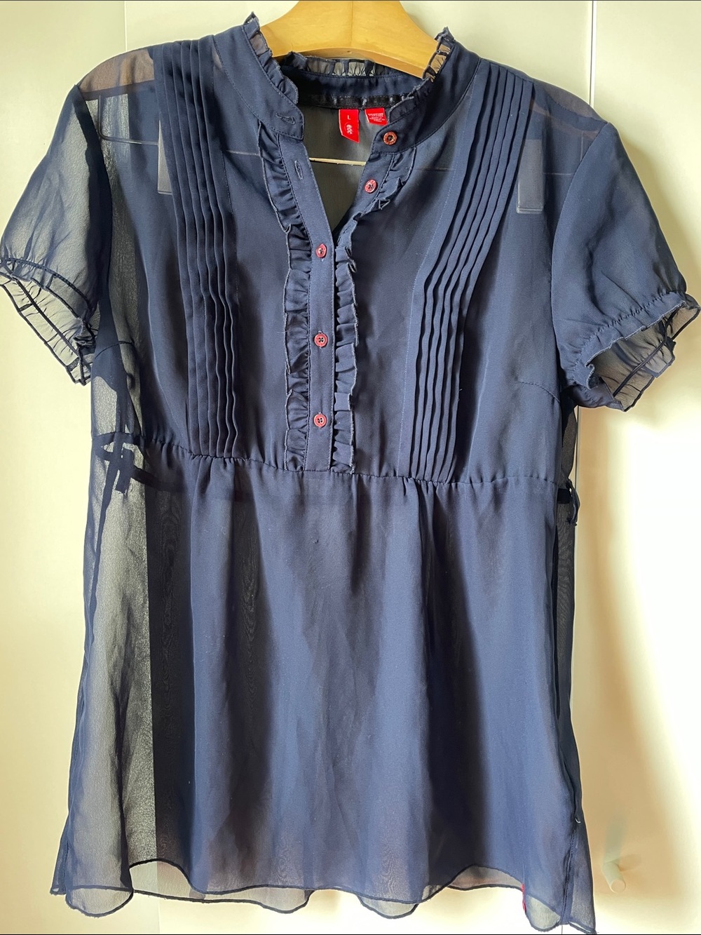 Sheer Navy Pintuck Ruffle Blouse - Picture 2 of 3